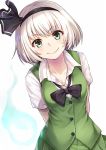  &gt;:) aqua_eyes arms_behind_back bangs black_bow black_hairband black_neckwear black_ribbon bob_cut bow bowtie breasts cleavage commentary_request green_skirt green_vest hair_between_eyes hair_ribbon hairband hitodama konpaku_youmu konpaku_youmu_(ghost) looking_at_viewer medium_breasts noe_noel pleated_skirt ribbon shirt short_hair short_sleeves silver_hair simple_background skirt smile solo touhou upper_body v-shaped_eyebrows vest white_background white_shirt 