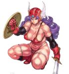  armor bare_shoulders bikini bikini_armor black_legwear blue_eyes boots breasts cleavage clenched_hand closed_mouth collarbone commentary_request curly_hair detached_sleeves dragon_quest dragon_quest_iii elbow_gloves full_body gloves grey_choker hair_between_eyes helmet holding holding_shield holding_sword holding_weapon knee_boots kneehighs large_breasts loincloth long_hair looking_at_viewer muscle muscular_female navel number purple_hair red_armor red_bikini red_footwear red_gloves shield shu-mai simple_background smile soldier_(dq3) solo squatting swimsuit sword thick_thighs thigh_strap thighs tsurime v-shaped_eyebrows warrior weapon white_background winged_helmet 