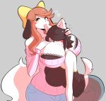 &lt;3 2018 :3 anthro big_breasts bite black_hair blue_eyes breasts brown_hair canine clothed clothing daughter digital_media_(artwork) dog duo ear_biting ear_piercing female hair hair_bow hair_over_eye hair_ribbon hand_on_breast hand_on_head hi_res holly_applebee jeans long_hair maggie_applebee mammal mother mother_and_daughter pants parent piercing ribbons shirt short_hair simple_background sweat sweatdrop theycallhimcake yellow_eyes 