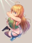  ahoge bangs bare_shoulders beretta_92 black_legwear black_panties blonde_hair blue_eyes blue_footwear blue_shorts breasts butt_crack cleavage covered_mouth cutoffs denim denim_shorts eyebrows_visible_through_hair finger_on_trigger full_body green322 green_shirt gun hair_between_eyes handgun highres holding holding_gun holding_weapon large_breasts long_hair original panties shirt shoes shorts sneakers solo sparkle squatting straight_hair tank_top thighhighs thong tiptoes underwear weapon whale_tail 