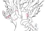  2018 anthro biting_lip black_and_white blush breasts cervine digital_drawing_(artwork) digital_media_(artwork) female horn kitterjitters mammal minimalist monochrome motion_lines nipples nude outline penetration plant pussy simple_background smile tailwag tentacles tree white_background 