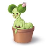  1girl ass breasts butt_crack cactus_girl emojo green_skin leaning_forward nipple nude plant pot potted_plant simple_background 