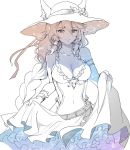  animal_ears braid breasts cat_ears cleavage commentary_request covered_navel cowboy_shot dress ears_through_headwear flower granblue_fantasy hair_tubes hat hat_flower heles long_braid long_hair looking_at_viewer single_braid skirt_hold smile solo spot_color sun_hat white_background white_dress zenroku 
