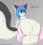  2018 big_butt black_nose blue_hair bow butt canine clothing english_text fey96 fey_(fey96) fox fur girly grey_fur hair legwear looking_at_viewer looking_back lying male mammal marble_fox multicolored_fur panties red_eyes smile stockings striped_panties text underwear white_fur 