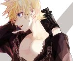  arms_behind_head black_coat_(kingdom_hearts) blonde_hair blue_eyes cloak collarbone gloves kingdom_hearts male_focus open_mouth organization_xiii pectorals ramochi_(auti) roxas solo spiked_hair teeth unzipped upper_body 