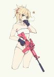  1girl absurdres assault_rifle bare_shoulders black_gloves blonde_hair blue_eyes braid cigarette cropped_legs fate/apocrypha fate_(series) fingerless_gloves gloves gun highres kuso_otoko looking_at_viewer m4_carbine mordred_(fate)_(all) no_pants panties ponytail rifle simple_background sketch smoking solo strapless string_panties suppressor trigger_discipline tubetop underwear weapon white_panties yellow_background 