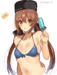  amakaze bikini black_bow blue_bikini_top blush bow bracelet breasts brown_eyes brown_hair collarbone commentary_request eyebrows_visible_through_hair food front-tie_bikini front-tie_top hair_bow hat jewelry kantai_collection looking_at_viewer low_twintails medium_breasts navel open_mouth papakha popsicle russian_clothes simple_background solo star swimsuit tashkent_(kantai_collection) twintails twitter_username white_background 