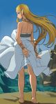  bare_shoulders barefoot blonde_hair blue_eyes blush bracelet cliff covering covering_ass day dress from_behind highres jewelry lasterk long_hair looking_at_viewer looking_back necklace no_panties pointy_ears princess_zelda see-through_silhouette solo sundress the_legend_of_zelda the_legend_of_zelda:_breath_of_the_wild very_long_hair white_dress work_in_progress 