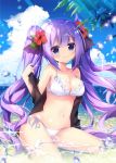  alternate_hairstyle azur_lane bare_shoulders beach bikini black_jacket black_ribbon blue_sky blush breasts cleavage closed_mouth cloud cloudy_sky commentary_request day flower hair_flower hair_ornament hair_ribbon hand_up horizon jacket long_hair medium_breasts nanamomo_rio navel ocean off_shoulder outdoors purple_eyes purple_hair red_flower ribbon sand side-tie_bikini sitting sky smile solo swimsuit twintails unicorn_(azur_lane) very_long_hair wariza water white_bikini 