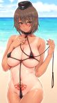 areola_slip areolae backlighting beach bikini black_bikini black_collar blush breast_suppress breasts brown_eyes brown_hair cloud collar collarbone commentary_request covered_nipples day dog_collar embarrassed garrison_cap girls_und_panzer hands_up hat hayama_kazusa heart_tattoo highres holding large_breasts leash leash_pull micro_bikini navel nishizumi_maho nose_blush o-ring o-ring_bikini o-ring_collar ocean outdoors parted_lips pubic_tattoo pussy_juice short_hair sky solo standing sweat swimsuit tan tanline tattoo 