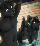  2018 abluedeer anthro bikini black_hair black_nose cat clothing detailed_background digital_media_(artwork) duo feline female green_eyes hair male mammal night outside panther sky swimsuit 