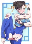  1girl 2018 anus artist_name black_hair blush bodysuit brown_eyes capcom censored chun-li crotch_cutout double_bun eko feet gradient gradient_background open_mouth pussy street_fighter sweat toes torn_bodysuit torn_clothes 