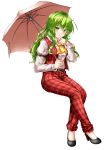  aka_tawashi arm_belt ascot belt black_footwear blush breasts commentary_request eyebrows_visible_through_hair finger_to_chin full_body green_eyes green_hair hair_between_eyes hand_up high_heels highres holding holding_umbrella invisible_chair juliet_sleeves kazami_yuuka kazami_yuuka_(pc-98) long_hair long_sleeves looking_at_viewer medium_breasts pants pink_umbrella plaid plaid_pants plaid_skirt puffy_sleeves red_pants red_vest shirt shirt_tucked_in sitting skirt sleeve_garters smile solo thighs touhou touhou_(pc-98) umbrella vest white_shirt wing_collar yellow_neckwear 