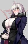  ahoge bangs black_dress blush breasts cleavage collarbone commentary_request dress eyebrows_visible_through_hair fate/grand_order fate_(series) fur_trim gachou grey_background hair_between_eyes jeanne_d'arc_(alter)_(fate) jeanne_d'arc_(fate)_(all) large_breasts open_mouth silver_hair simple_background solo wicked_dragon_witch_ver._shinjuku_1999 yellow_eyes 