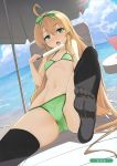  absurdres ahoge beach_umbrella bikini black_legwear blonde_hair blue_eyes breasts cameltoe chair cloud cloudy_sky day dutch_angle eating eyebrows_visible_through_hair feet fisheye food green_bikini hair_ribbon highres horizon leg_up long_hair looking_at_viewer lounge_chair lying melonbooks momio navel no_shoes on_back open_mouth outdoors popsicle ribbon saliva scan sky small_breasts soles solo swimsuit thighhighs toes umbrella 