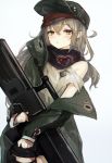  absurdres assault_rifle bags_under_eyes bangs blush brown_eyes bullpup coat commentary_request cowboy_shot eyebrows_visible_through_hair g11 g11_(girls_frontline) girls_frontline gradient gradient_background green_coat gun hair_between_eyes hat heckler_&amp;_koch highres holding holding_weapon light_particles long_hair looking_at_viewer messy_hair open_clothes open_coat open_mouth rifle sasag_yd scarf scarf_on_head scope shirt short_shorts shorts shoulder_cutout sidelocks silver_hair simple_background solo thighhighs thighs very_long_hair weapon 