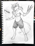  2018 abs anthro breasts canine chest_tuft cleavage clothed clothing digitigrade female foot_wraps hi_res holding_object holding_weapon keidran knife mammal midriff monochrome natani photo simple_background sketch smile smirk solo throwing_knife tom_fischbach tuft twokinds weapon webcomic white_background wolf wraps 