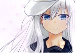  blue_eyes collarbone crying crying_with_eyes_open eyebrows_visible_through_hair floating_hair hair_between_eyes hat hibiki_(kantai_collection) highres kantai_collection long_hair looking_at_viewer m_kong portrait silver_hair smile solo tears verniy_(kantai_collection) white_background white_hat 