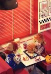  1girl absurdres backwards_hat bad_id bad_tumblr_id blinds blonde_hair cup curly_fries diner drinking eating food green_eyes hamburger hat highres jacket kuroda_(kuro_yyy) map meal open_mouth original restaurant sitting 