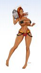  1girl alcohol barefoot beer bikini braid breasts brown_eyes cleavage cup dark_skin devil-v erect_nipples full_body ginger_hair huge_breasts mug nail_polish navel one_eye_closed orange_hair original smile solo swimsuit toenail_polish wink zipper zipper_pull_tab 