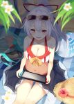  ass_visible_through_thighs bag ball bare_arms bare_shoulders beachball bikini blurry_foreground blush bow breasts cleavage collarbone commentary_request eyewear_on_head fate/grand_order fate_(series) feet_out_of_frame flower from_above hair_between_eyes hair_ribbon handheld_game_console hat highres holding holding_handheld_game_console igakusei innertube large_breasts looking_at_viewer looking_up md5_mismatch navel nintendo_3ds nintendo_switch open_mouth playstation_vita ponytail red_eyes red_ribbon ribbon sarong see-through shadow silver_hair sitting smile solo stomach sun_hat sunglasses sweat swimsuit tablet_pc thighs tomoe_gozen_(fate/grand_order) umbrella white_bikini white_flower yellow-framed_eyewear yellow_bow 