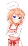  :q animal animal_on_head apron blonde_hair blush bunny bunny_on_head chocolate chocolate_on_face collarbone crossed_arms deyui food food_on_face gochuumon_wa_usagi_desu_ka? hair_between_eyes hair_bobbles hair_ornament highres hoto_cocoa long_hair looking_at_viewer on_head pink_apron purple_eyes red_ribbon ribbon shiny shiny_hair shirt solo tippy_(gochiusa) tongue tongue_out transparent_background upper_body vertical-striped_apron white_shirt 