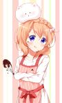  :q animal animal_on_head apron blonde_hair blush bunny bunny_on_head chocolate chocolate_on_face collarbone crossed_arms deyui food food_on_face gochuumon_wa_usagi_desu_ka? hair_between_eyes hair_bobbles hair_ornament highres holding hoto_cocoa long_hair looking_at_viewer on_head pink_apron purple_eyes red_ribbon ribbon shiny shiny_hair shirt solo striped striped_background tippy_(gochiusa) tongue tongue_out upper_body vertical-striped_apron white_shirt 
