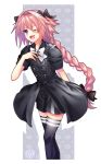  ;d arm_behind_back astolfo_(fate) black_bow black_legwear black_shorts bow braid eyebrows_visible_through_hair fate/apocrypha fate_(series) floating_hair grey_bow grey_neckwear hair_between_eyes hair_bow ittokyu long_hair male_focus one_eye_closed open_mouth otoko_no_ko pink_hair ponytail purple_eyes short_shorts shorts single_braid smile solo standing thighhighs very_long_hair white_background 
