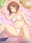 1girl :o bangs bare_arms bare_legs bare_shoulders bed bed_sheet bikini blush boko_(girls_und_panzer) breasts brown_eyes brown_hair cleavage collarbone erect_nipples eyebrows_visible_through_hair from_above front-tie_bikini front-tie_top girls_und_panzer halterneck ikomochi large_breasts legs_apart legs_up looking_at_viewer looking_up lying navel nishizumi_miho on_back on_bed open_mouth partially_visible_vulva pillow pregnant ribbon shiny shiny_skin short_hair solo stomach swimsuit tareme underboob untied untied_bikini white_bikini white_ribbon 