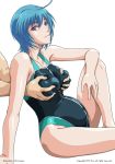 00s 10s 1boy 1girl asano_hiro black_swimsuit blue_eyes blue_hair breast_grab breasts competition_swimsuit covered_navel elbow_on_knee erect_nipples erect_nipples_under_clothes grabbing haramasete_seiryuu-kun! knee_up large_breasts lilith-soft looking_at_viewer looking_to_the_side navel one-piece_swimsuit pregnant seiryuu_tougo short_hair sitting smile sportswear suzaku_natsuhime swimsuit 