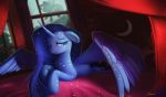  2018 absurd_res auroriia bed bedroom blue_eyes blue_feathers canopy_bed curtains cute cutie_mark detailed_background equine eyelashes feathered_wings feathers female feral floppy_ears friendship_is_magic half-closed_eyes hi_res hooves horn inside lying mammal my_little_pony nude on_bed one_eye_closed princess_luna_(mlp) redraw solo window winged_unicorn wings wink 