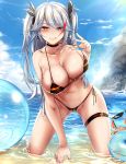  absurdres antenna_hair ass_visible_through_thighs azur_lane bangs bare_arms bare_legs bare_shoulders barefoot beach bikini black_bikini black_choker black_ribbon blue_sky blush breasts cameltoe choker cleavage closed_mouth cloud collarbone commentary_request covered_nipples crab crustacean day deal_with_it eyebrows_visible_through_hair fingernails flag_print full_body german_flag_bikini groin hair_between_eyes half-closed_eyes hand_up highres innertube kana616 kneeling large_breasts long_hair looking_at_viewer meme mole mole_on_breast multi-strapped_bikini navel ocean outdoors prinz_eugen_(azur_lane) pulled_by_self ribbon rock side-tie_bikini silver_hair sky smile solo spanish_commentary stomach strap_gap strap_pull sunglasses swimsuit thigh_strap two_side_up water waves 