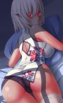 ahsiu ass bare_shoulders bed blush breasts cameltoe china_dress chinese_clothes dark_skin dress elf from_behind glowing glowing_eyes large_breasts looking_at_viewer looking_back original panties pointy_ears red_eyes shiny shiny_skin short_hair sideboob solo thighhighs underwear white_hair 