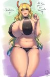  1girl artist_name bikini bikini_top blonde_hair blue_hair blush breasts coffeeslice curvy dragon_horns erect_nipples_under_clothes eyebrows_visible_through_hair gradient gradient_background gradient_hair green_eyes heterochromia horns huge_breasts kobayashi-san_chi_no_maidragon long_hair midriff multicolored_hair navel open_mouth quetzalcoatl_(maidragon) simple_background smile solo swimsuit text_focus thick_thighs thighs yellow_eyes 