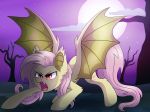  2018 alternate_species bat_pony bat_wings cloud cutie_mark equine eyebrows eyelashes fangs female feral flutterbat_(mlp) fluttershy_(mlp) friendship_is_magic full_moon fur hair hooves mammal membranous_wings moon my_little_pony night nude open_mouth outside pink_hair portrait red_eyes signature sky slit_pupils solo spindlespice spread_wings star starry_sky tongue tree wings 