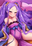  bangs bare_shoulders blue_ribbon blush breasts chinese_clothes collarbone commentary_request covered_navel dress fate/grand_order fate_(series) forehead hanfu highres long_hair looking_at_viewer off_shoulder parted_bangs pelvic_curtain purple_dress purple_eyes purple_hair ribbon scrunchie shawl sitting small_breasts smile solo spread_legs thighs twintails very_long_hair wide_sleeves wu_zetian_(fate/grand_order) yunodon_(sugar_maple) 