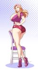  1girl ass blonde_hair breasts brown_eyes chair curvy devil-v full_body heels hips huge_ass huge_breasts large_breasts legs multicolored_hair original purple_lips solo thick_thighs thighs two-tone_hair wide_hips 