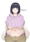  1girl belly breasts chubby eyebrows hyuuga_hinata kunaboto naruto naruto_(series) pubic_hair shirt short_hair simple_background smile solo stomach white_background 