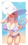  azur_lane babydoll bangs beach bikini bikini_under_clothes blush border bow breasts brown_eyes caustics cleavage collarbone covered_navel cowboy_shot cross-laced_clothes day embarrassed eyebrows_visible_through_hair flipped_hair frills ganesagi groin hair_between_eyes halter_top halterneck hand_on_headwear hand_up hat hat_bow hat_over_one_eye hat_ribbon hat_tug highres huge_breasts lens_flare long_hair looking_at_viewer navel nose_blush ocean off_shoulder one_eye_covered open_mouth outside_border parted_bangs pink_hair purple_bikini quincy_(azur_lane) raised_eyebrows ribbon scrunchie see-through shaded_face side-tie_bikini sideboob sidelocks skindentation solo sparkle string_bikini sun_hat swimsuit thighs underboob water wavy_mouth white_border white_bow white_hat white_ribbon wrist_scrunchie 