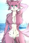  anthro beach beastars blush breasts canine female fluffy fur green_eyes hand_behind_head juno_(beastars) looking_at_viewer mammal nude outside pussy sand seaside sky solo standing tuft water wolf 獣桜 