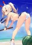  :o adapted_costume ass ayanami_(azur_lane) azur_lane beach bent_over bikini bikini_skirt blue_sky breasts day food from_behind fruit headgear high_heels highres long_hair miniskirt outdoors parted_lips pleated_skirt ponytail red_eyes sailor_bikini sailor_collar sekisei shiny shiny_skin skirt sky small_breasts solo sweatdrop swimsuit sword underboob watermelon weapon white_bikini white_hair wooden_sword 