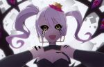  :d black_sclera caligula_(game) commentary cracked_skin crazy_eyes crazy_smile crown dark_persona earphones elbow_gloves extra_eyes eyebrows_visible_through_hair eyes_visible_through_hair gloves mu_(caligula) open_mouth pink_hair shioiri smile solo spoilers torn_skin twintails yellow_eyes 