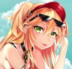  :q admiral_hipper_(azur_lane) ahoge azur_lane bangs bare_shoulders bikini blonde_hair blue_sky blush breasts choker collarbone commentary_request day deal_with_it eyebrows_visible_through_hair green_eyes hair_between_eyes hand_on_eyewear hat headgear iron_cross komazuki_(komaworks240) leaning_forward long_hair looking_at_viewer mole mole_under_eye outdoors red_bikini skindentation sky smile solo swimsuit tongue tongue_out two_side_up wet 