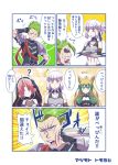  3girls achilles_(fate) ahoge animal_ears atalanta_(fate) bangs blunt_bangs cat_ears commentary_request crossed_arms fate/grand_order fate_(series) frankenstein's_monster_(fate) gloves green_eyes green_hair hand_behind_head hidden_eyes horn multicolored_hair multiple_girls one_eye_closed open_mouth penthesilea_(fate/grand_order) pink_hair puffy_short_sleeves puffy_sleeves punching shaded_face short_ponytail short_sleeves shoulder_armor sidelocks surprised sweatdrop tomoyohi translation_request white_hair yellow_eyes 