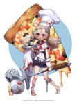  1girl apron blonde_hair chef_hat food hat pizza pizza_cutter twintails zombie 