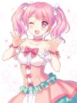  bang_dream! bangs bare_shoulders blush bow center_frills choker collarbone commentary_request detached_sleeves dress eyebrows_visible_through_hair frilled_dress frills hair_ribbon hands_up looking_at_viewer maruyama_aya one_eye_closed open_mouth pink_bow pink_choker pink_eyes pink_hair ribbon shati sidelocks smile sparkle star strapless strapless_dress twintails upper_teeth white_ribbon wrist_bow 