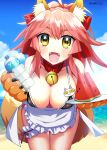  animal_ear_fluff animal_ears apron beach bell bell_collar bikini blush bottle breasts cat_hair_ornament cat_paws cleavage collar collarbone day fangs fate/grand_order fate_(series) food fox_ears fox_tail fruit gloves hair_ornament hair_ribbon highres jingle_bell large_breasts long_hair looking_at_viewer melon mo253 ocean open_mouth outdoors paw_gloves paws pink_hair red_ribbon ribbon sky solo suikawari summer sweat swimsuit tail tamamo_(fate)_(all) tamamo_cat_(fate) translated water water_bottle watermelon 