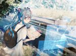 ahoge backpack bag blue_eyes blue_hair day dress dutch_angle floating_hair glasses hatsune_miku holding_map long_hair nishi_yasuaki outdoors red-framed_eyewear science_fiction short_dress short_sleeves solo twintails vocaloid white_dress 