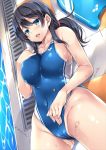  bangs black_hair blue_eyes blush breasts cameltoe cleavage collarbone commentary_request competition_swimsuit covered_navel cowboy_shot dutch_angle eyebrows_visible_through_hair hair_between_eyes kickboard large_breasts long_hair lying mizuhara_yuu on_back one-piece_swimsuit open_mouth original ponytail poolside shiny shiny_skin sideboob solo swimsuit wet 