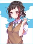  alternate_hairstyle bang_dream! bangs black_hair blush collared_shirt commentary_request green_neckwear hand_up haneoka_school_uniform ito22oji looking_at_viewer mitake_ran multicolored_hair necktie ponytail purple_eyes red_hair school_uniform shirt short_sleeves sidelocks solo streaked_hair striped striped_neckwear sweater_vest upper_body 